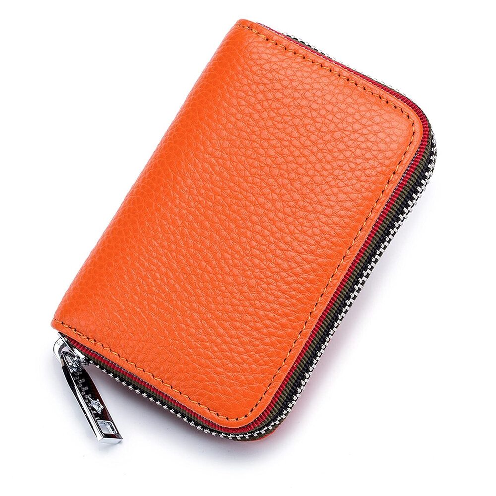 3931 RFID Credit Card Holder Zipper Leather Card Wallet Small Orange
